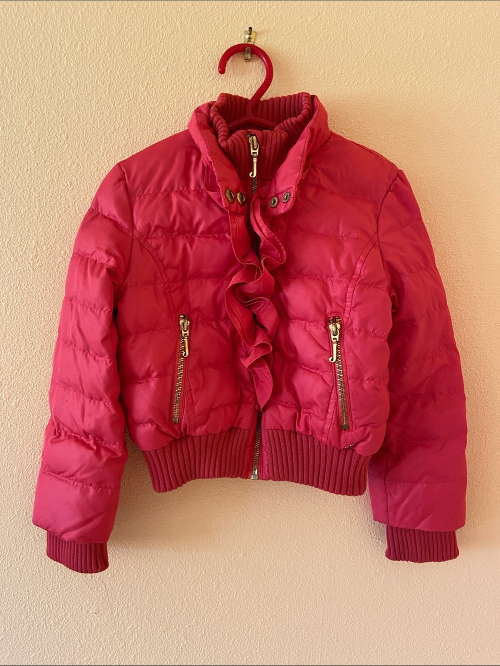 Girls Juicy Couture Hot Pink Down Puffer Coat, Jacket, Ruffle, Size Small